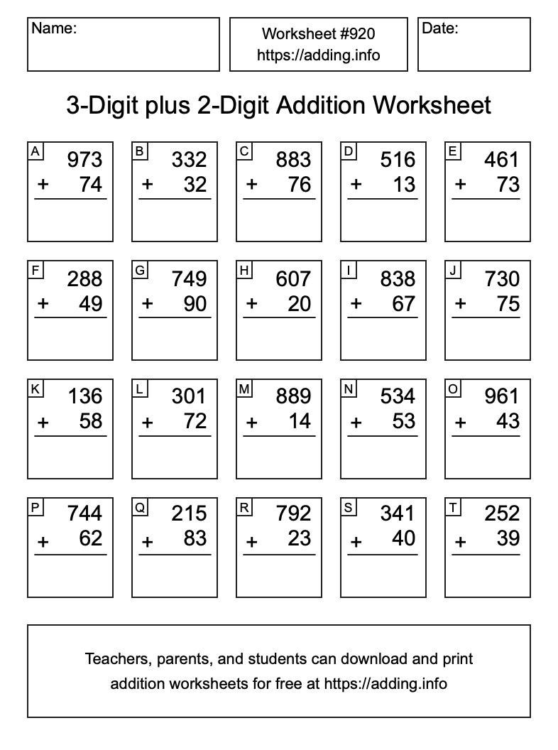 Addition Worksheet #920 (3-Digit plus 2-Digit)