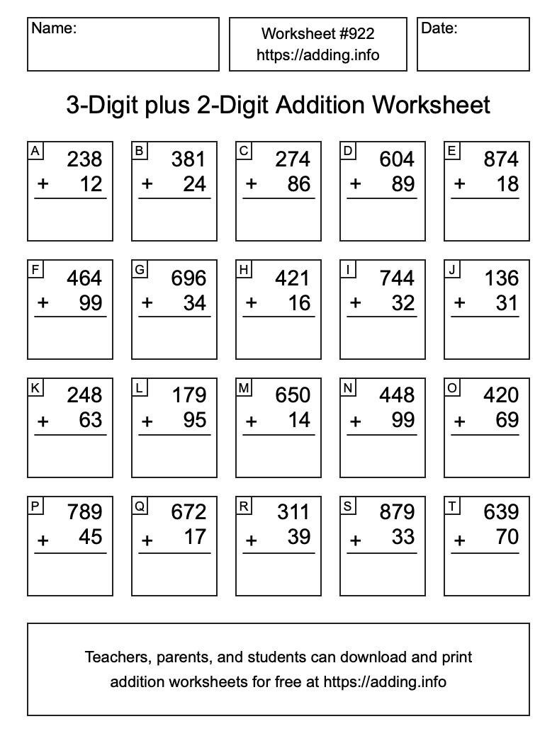 Addition Worksheet #922 (3-Digit plus 2-Digit)