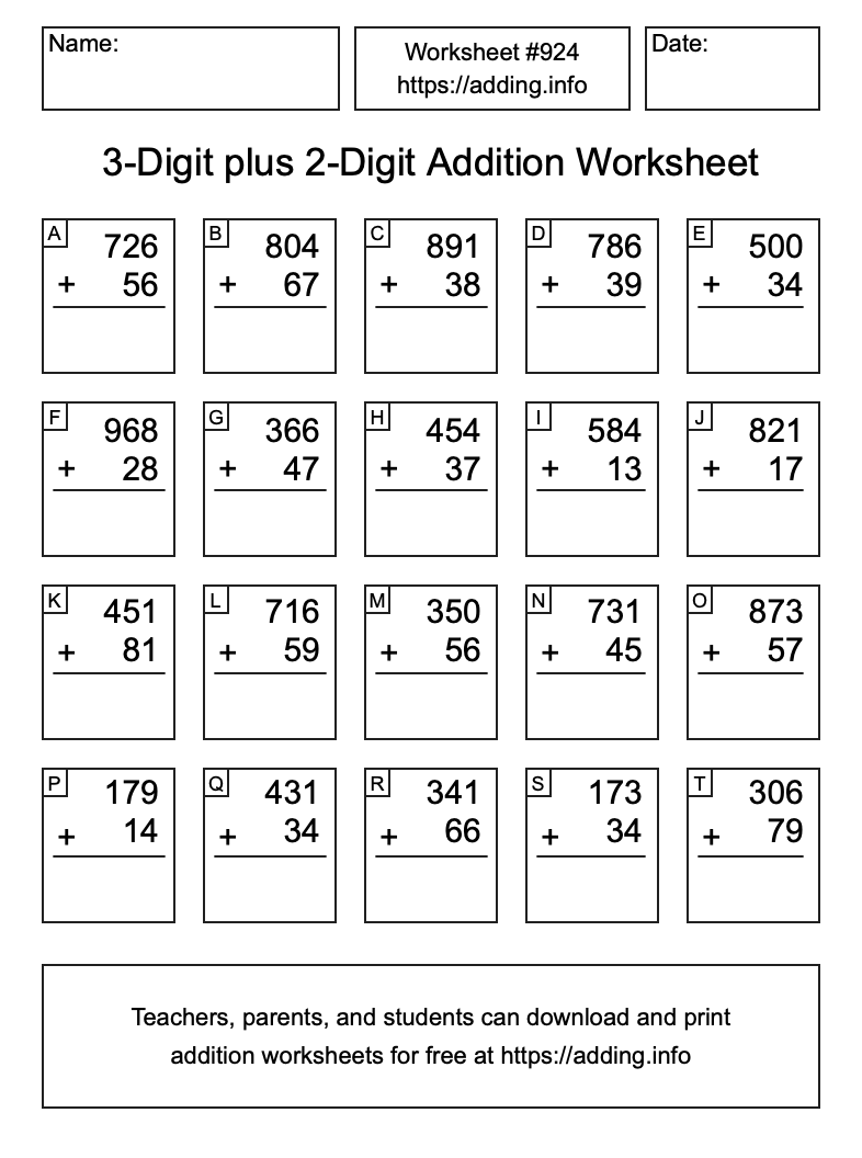 Addition Worksheet #924 (3-Digit plus 2-Digit)