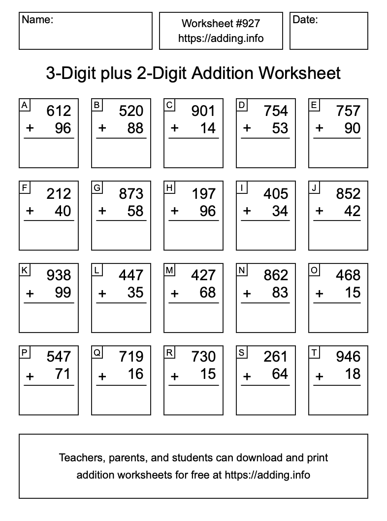 Addition Worksheet #927 (3-Digit plus 2-Digit)