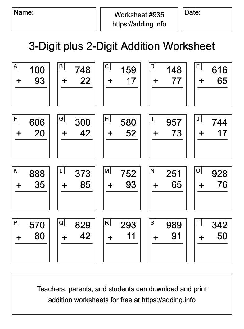 Addition Worksheet #935 (3-Digit plus 2-Digit)