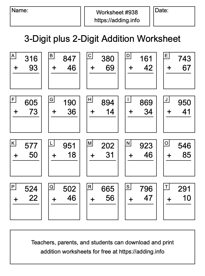 Addition Worksheet #938 (3-Digit plus 2-Digit)