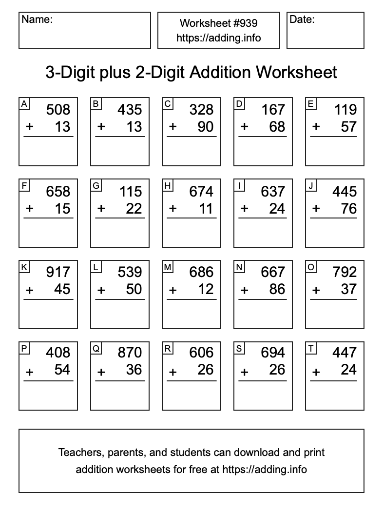 Addition Worksheet #939 (3-Digit plus 2-Digit)