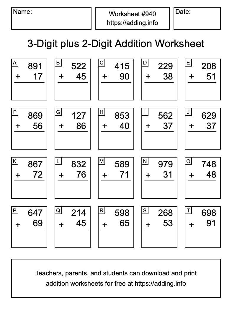 Addition Worksheet #940 (3-Digit plus 2-Digit)