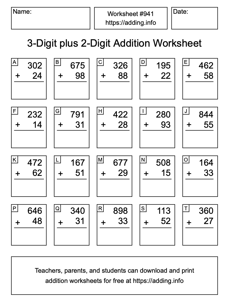 Addition Worksheet #941 (3-Digit plus 2-Digit)