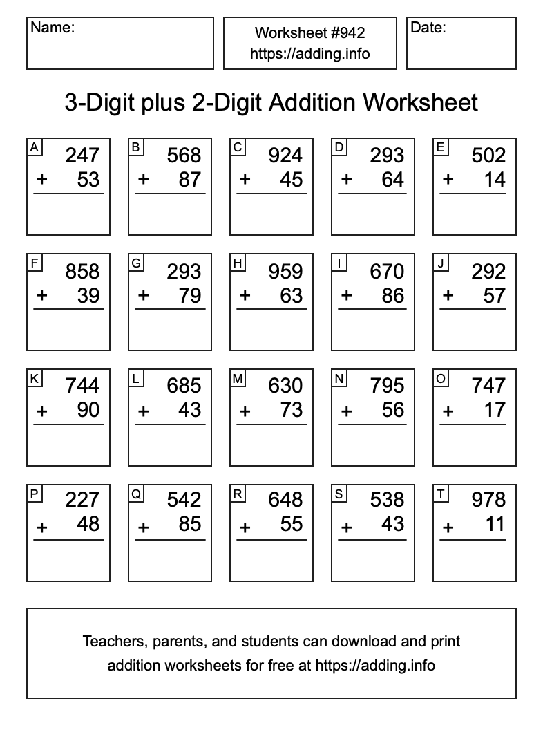 Addition Worksheet #942 (3-Digit plus 2-Digit)