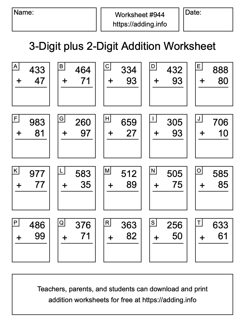 Addition Worksheet #944 (3-Digit plus 2-Digit)