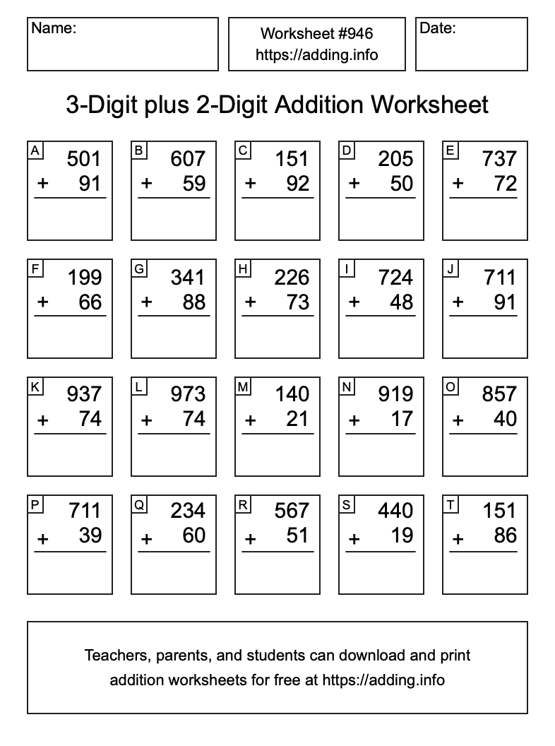 Addition Worksheet #946 (3-Digit plus 2-Digit)