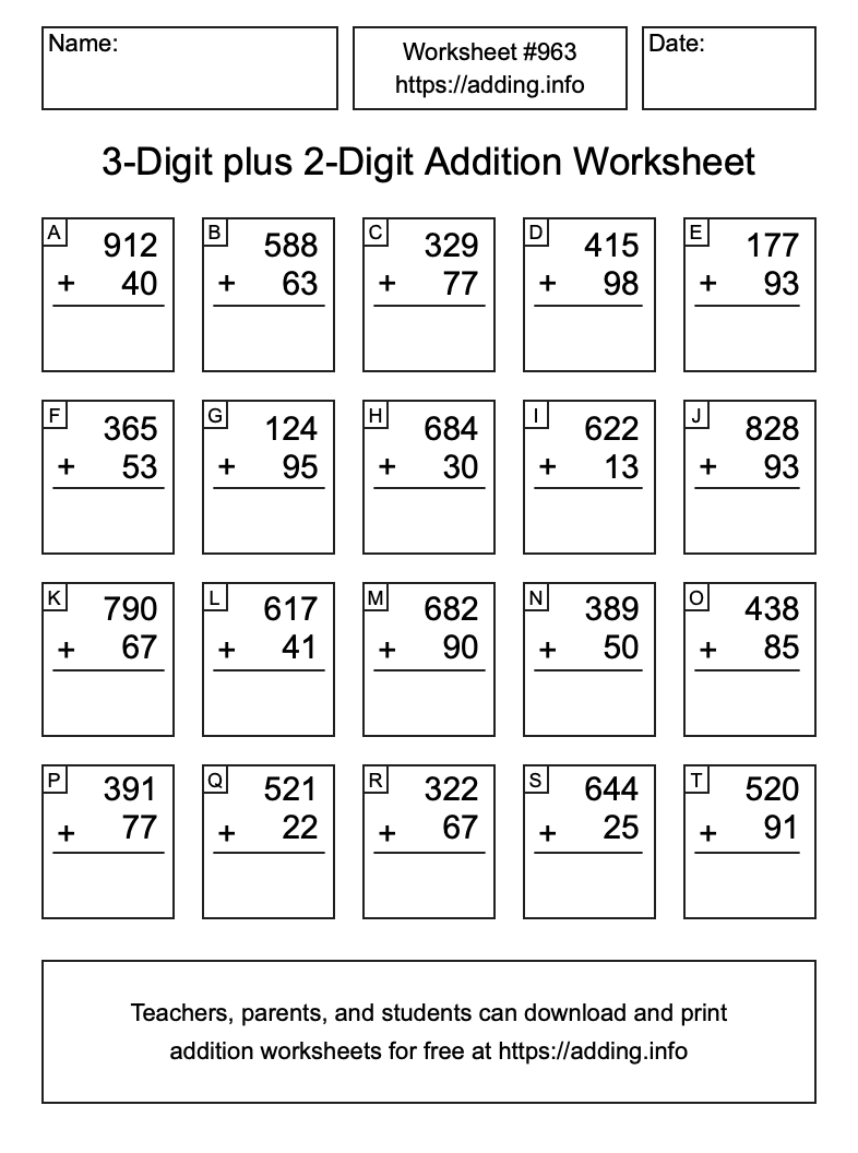 Addition Worksheet #963 (3-Digit plus 2-Digit)
