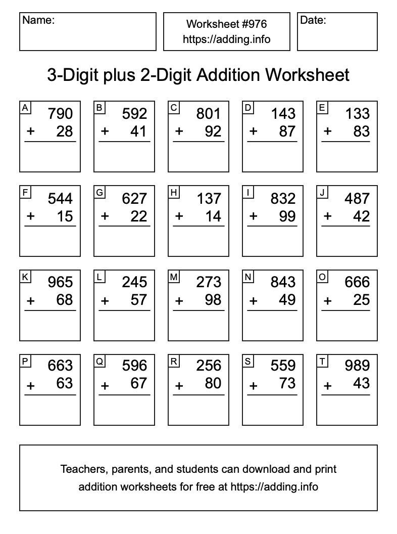 Addition Worksheet #976 (3-Digit plus 2-Digit)