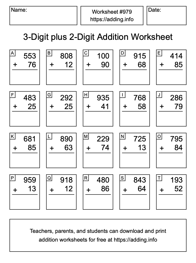 Addition Worksheet #979 (3-Digit plus 2-Digit)