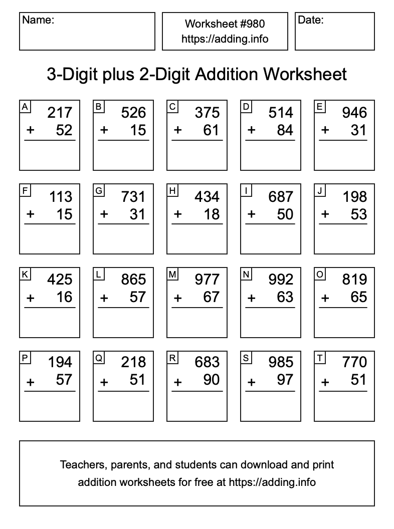Addition Worksheet #980 (3-Digit plus 2-Digit)