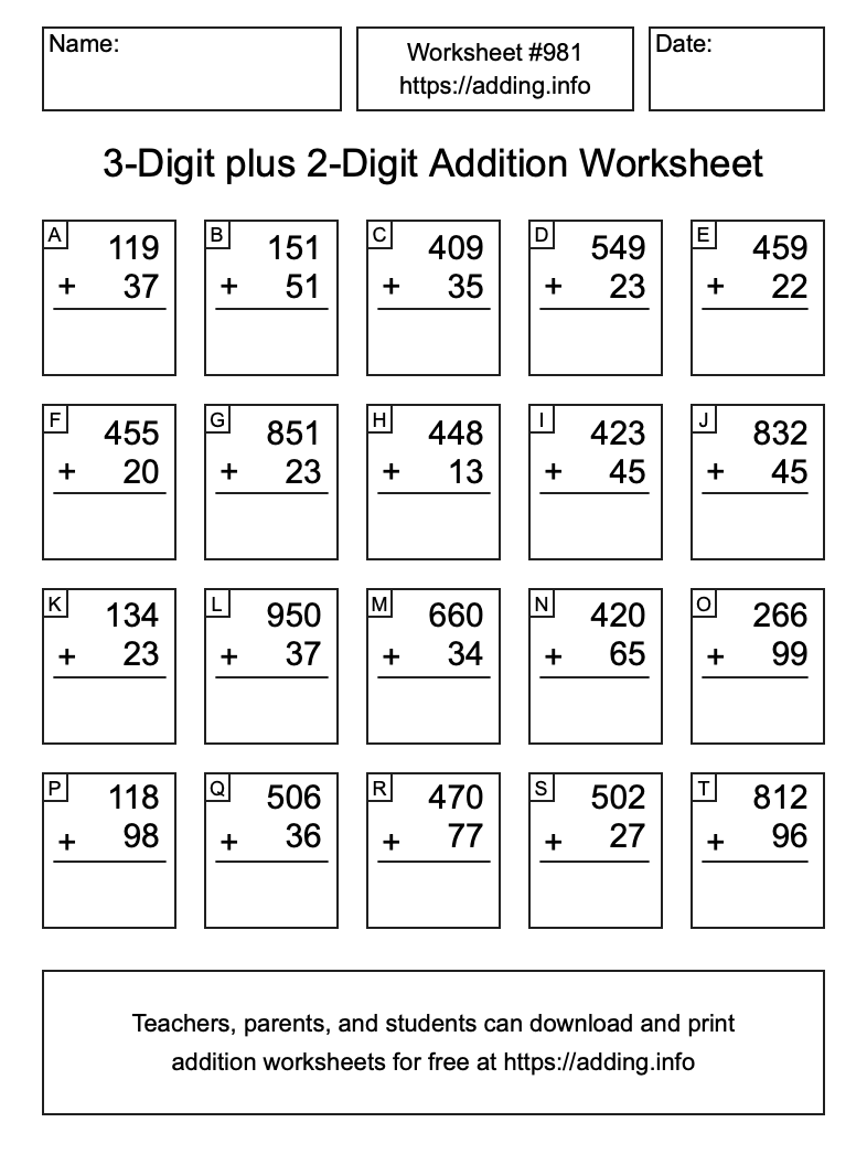 Addition Worksheet #981 (3-Digit plus 2-Digit)
