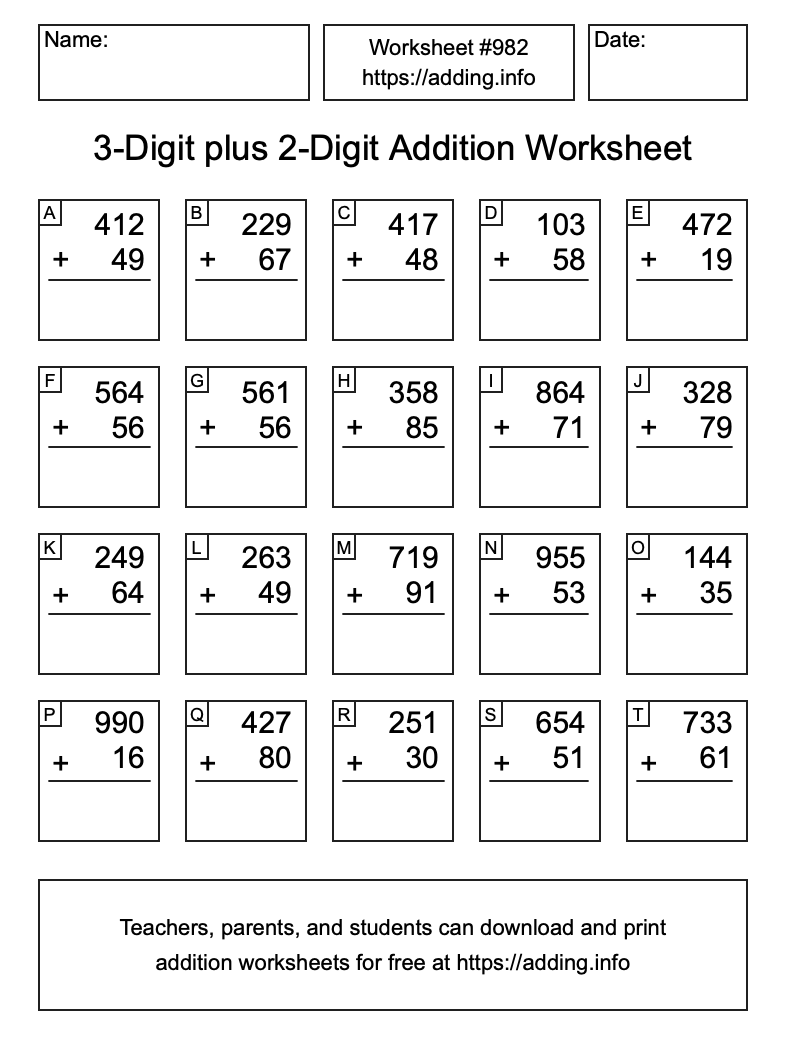 Addition Worksheet #982 (3-Digit plus 2-Digit)