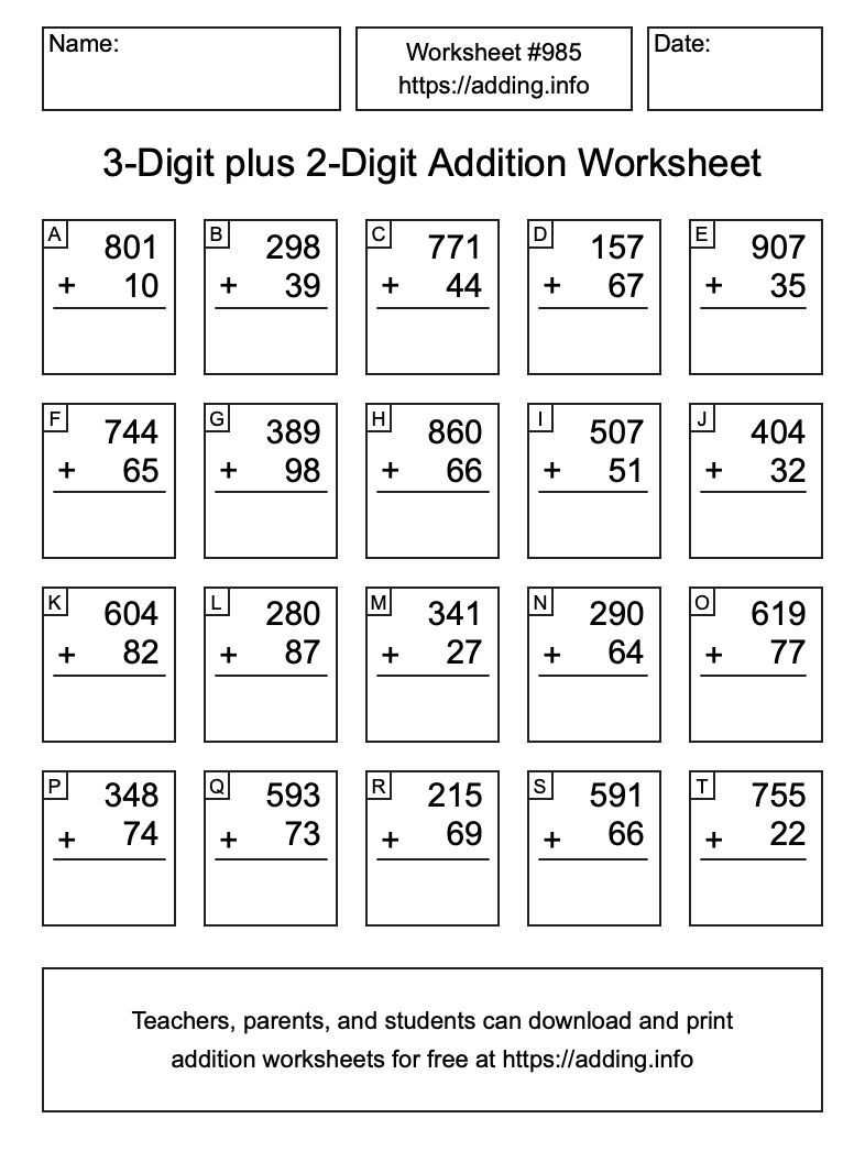 Addition Worksheet #985 (3-Digit plus 2-Digit)