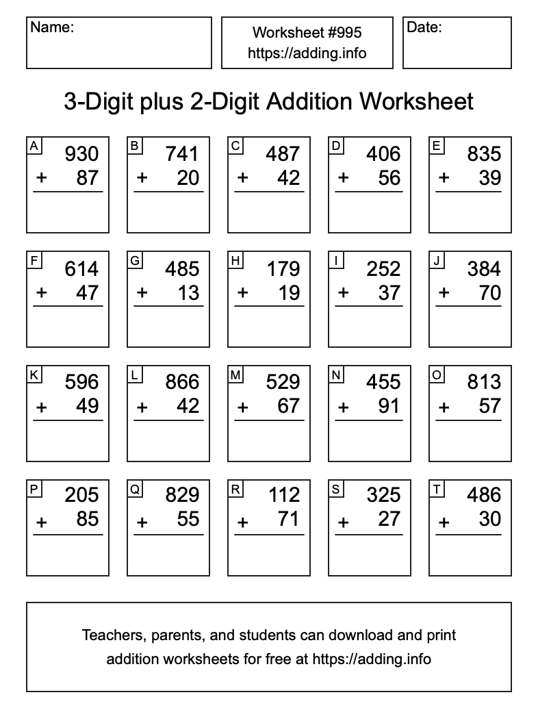 Addition Worksheet #995 (3-Digit plus 2-Digit)