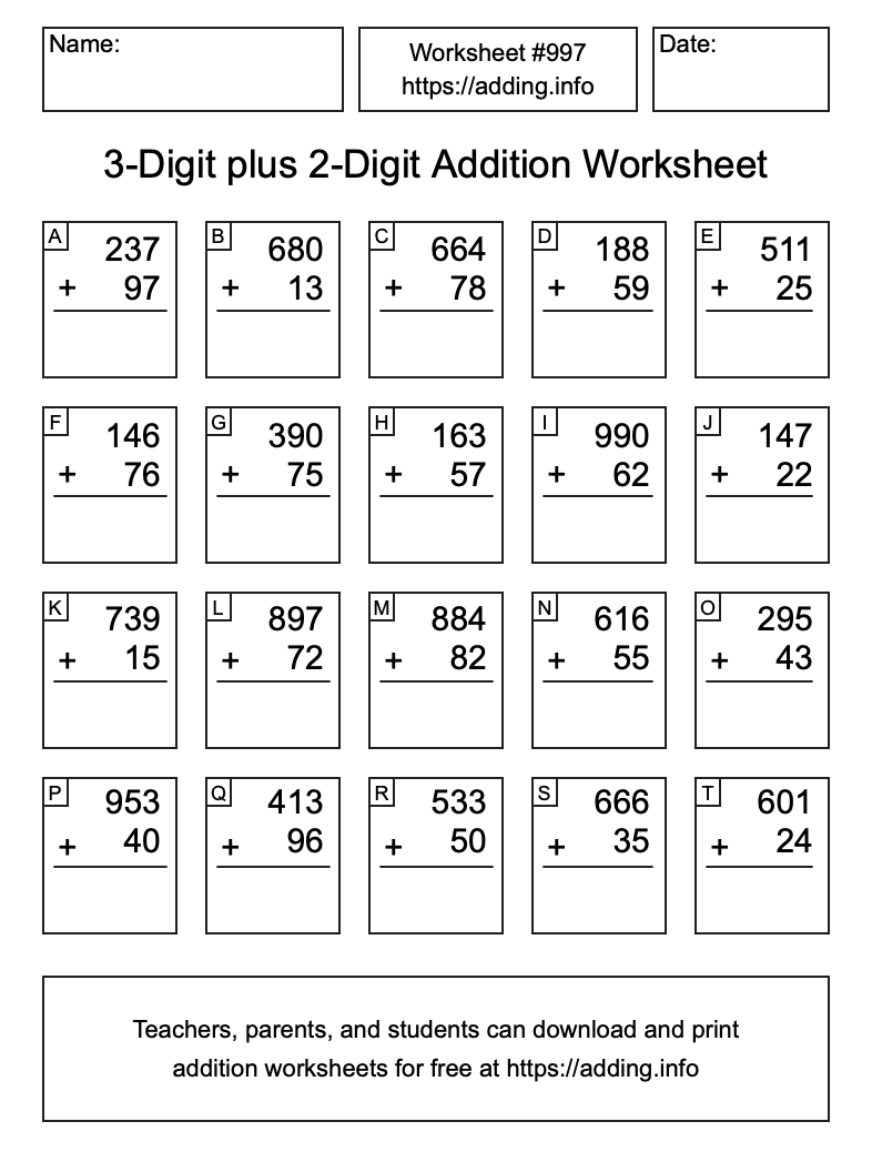 Addition Worksheet #997 (3-Digit plus 2-Digit)